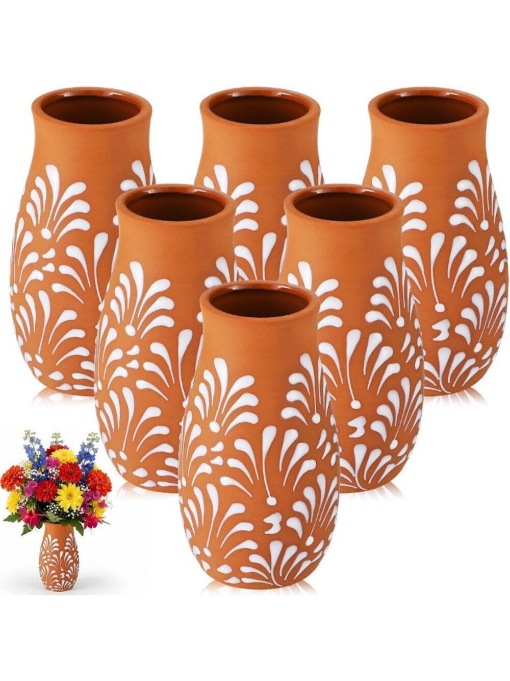Set of 6 Terracotta Cantaritos Vases - Rustic Brown Mexican Decor, Leaf Design
